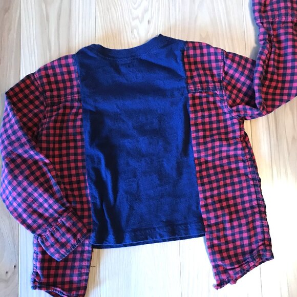 Upcycled Kid’s Flannel Tee: Dinosaur Graphic T-Shirt w/Flannel Sleeves, Size 2-4 - Picture 8 of 9